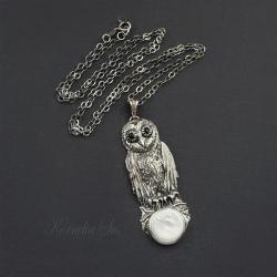 srebrny,naszyjnik,długi,z sową,z perłą,amulet - Wisiory - Biżuteria