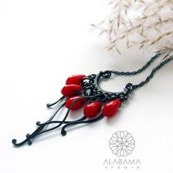 srebrny naszyjnik wire-wrapping z koralem,alabama - Naszyjniki - Biżuteria
