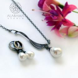 nowoczesny srebrny komplet z perłami - Komplety - Biżuteria