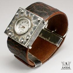 zegarek,srebrna biżuteria,skórzana bransoleta - Bransoletki - Biżuteria