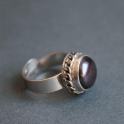 pierścionek srebro filigran perła granat grafit - Pierścionki - Biżuteria