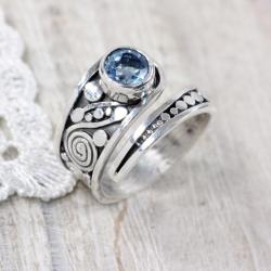 Srebrny,regulowany pierścionek z akwamarynem - Pierścionki - Biżuteria