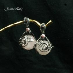 srebro,wire-wrapping,Swarovski,kwarc różowy - Kolczyki - Biżuteria