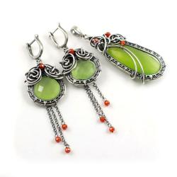 komplet,biżuteria,wire-wrapping,kolczyki,zielony - Komplety - Biżuteria