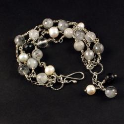 srebrna btansoletka z perłami i kwarcem - Bransoletki - Biżuteria