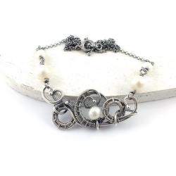 naszyjnik,wire-wrapping,delikatny,perły,biały - Naszyjniki - Biżuteria