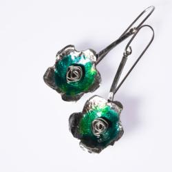 Kolczyki srebrne z zielona emalią - Kolczyki - Biżuteria