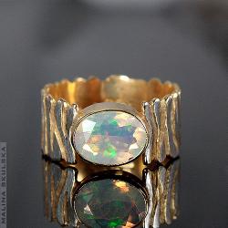 pierścionek,srebrny,złocony,zebra,opal - Pierścionki - Biżuteria