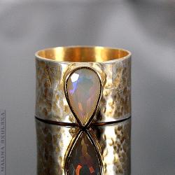 pierścionek,złocony,srebrny,opal,młotkowany - Pierścionki - Biżuteria