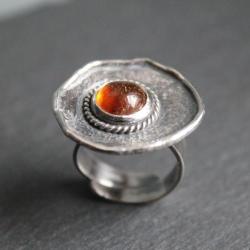 pierścionek srebro unikat faktura topione bursztyn - Pierścionki - Biżuteria