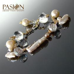Złota bransoletka z Perłami,Kwarcem i Kryształami - Bransoletki - Biżuteria