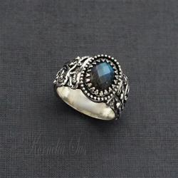 pierścionek,srebrny,obrączka,z labradorytem - Pierścionki - Biżuteria