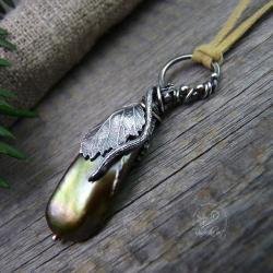 naturalna perła,metal clay,wisior,srebrny liść - Naszyjniki - Biżuteria