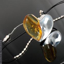 wisior,serce,bursztyn,perły,srebrny,oryginalny - Wisiory - Biżuteria