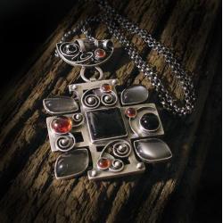 wisior,srebro,amulet,onyks,kamień księżycowy - Wisiory - Biżuteria