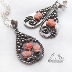 srebrny komplet,koralowe róże - Komplety - Biżuteria