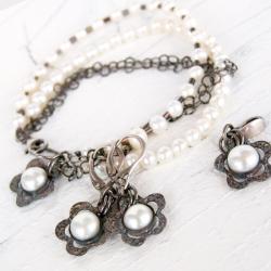 perłami,srebro,komplet,kobiecy,kwiatek, - Komplety - Biżuteria