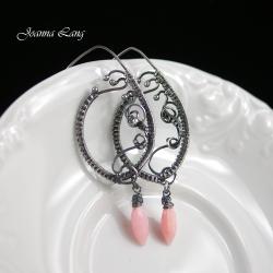 srebro,wire-wrapping,różowy opal - Kolczyki - Biżuteria