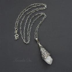 srebrny,wisior,długi,z kwarcem,surowy,amulet - Wisiory - Biżuteria