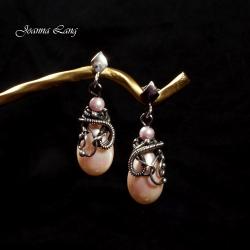 srebro,seashell,Swarovski,perły,wire-wrapping - Kolczyki - Biżuteria