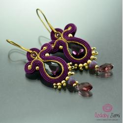 kolczyki sutasz,fioletowe,złote,wytworne,efektowne - Kolczyki - Biżuteria