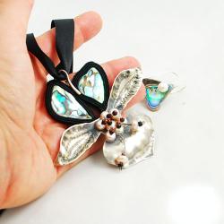 komplet ze srebra,sutaszu i muszli paua - Komplety - Biżuteria