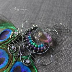 elegancka broszka,oksydowane srebro,pawie pióra - Broszki - Biżuteria