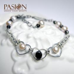 Srebrna bransoletka z sercami,perłami,spinelami - Bransoletki - Biżuteria
