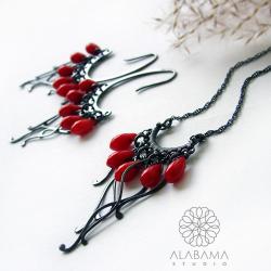 srebrny komplet z koralem czerwonym,alabama - Komplety - Biżuteria