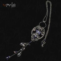 cyrkonia,ametyst,perły,wire wrapping - Wisiory - Biżuteria