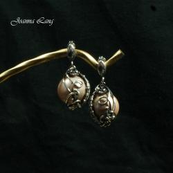 wire-wrapping,perły,seashell,oksydowane, - Kolczyki - Biżuteria
