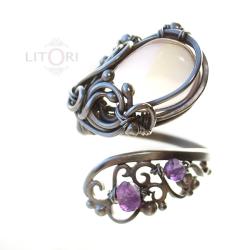 wire-wrapping,srebrny,pierścionek,fioletowy - Pierścionki - Biżuteria