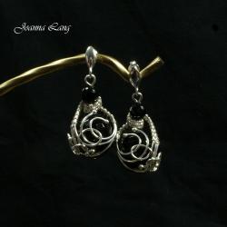 onyks,wire-wrapping,srebro - Kolczyki - Biżuteria