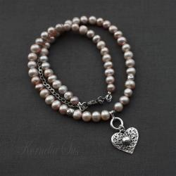 naszyjnik,srebrny,z sercem,z perłami - Naszyjniki - Biżuteria