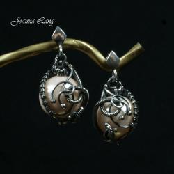 srebro,wire-wrapping,seashell, - Kolczyki - Biżuteria