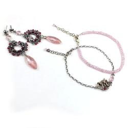 komplet,wire-wrapping,różowy,delikatny,romantyczny - Komplety - Biżuteria