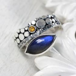Srebrny pierścionek z labradorytem i cytrynem - Pierścionki - Biżuteria