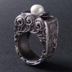 srebro,perła,koronka,antyczny,pierścionek, - Pierścionki - Biżuteria