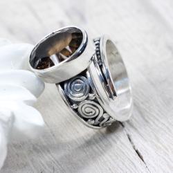 Srebrny,regulowany pierścionek z kwarcem dymnym - Pierścionki - Biżuteria