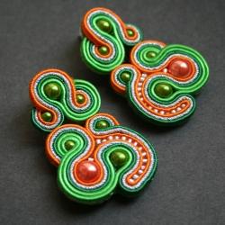 kolczyki z sutaszu,zielono-pomarańczowe kolczyki - Kolczyki - Biżuteria