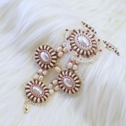 haft koralikowy perły rubiny granaty ekskluzywna - Bransoletki - Biżuteria