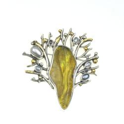bursztyn,perły,broszka,srebro,pomianowski - Broszki - Biżuteria