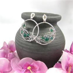 kolczyki koła wire-wrapping,onyks zielony,srebrne - Kolczyki - Biżuteria
