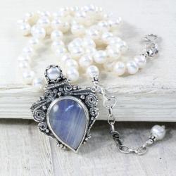 Srebrny naszyjnik z perłami,kamieniem księżycowym - Naszyjniki - Biżuteria