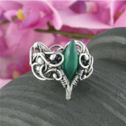 onyks zielony wire-wrapping,srebro 999,pierścień - Pierścionki - Biżuteria