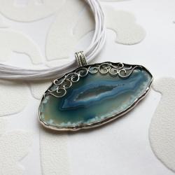 błękitny agat,bawełniany naszyjnik - Wisiory - Biżuteria