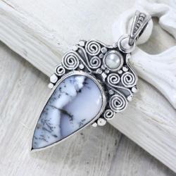 Srebrny wisior z agatem dendrytowym i perłą - Wisiory - Biżuteria