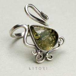 pierścionek,zielony bursztyn,prosty,litori - Pierścionki - Biżuteria