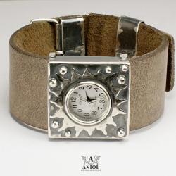 zegarek,srebrna biżuteria,skórzana bransoleta - Bransoletki - Biżuteria