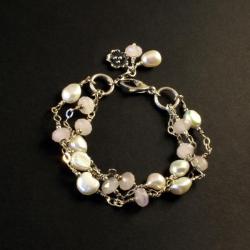 srebrna bransoletka z perłami i kwarcem różowym - Bransoletki - Biżuteria